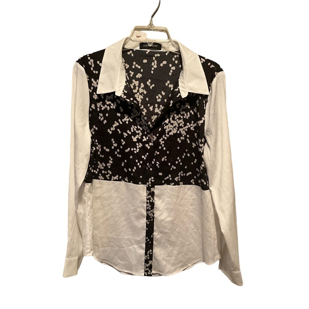 Ivanka Trump Button-Up Shirt Women L Beige/Black Long Sleeve Collared Polyester